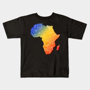 Colorful mandala art map of Africa with text in blue, yellow, and red Kids T-Shirt